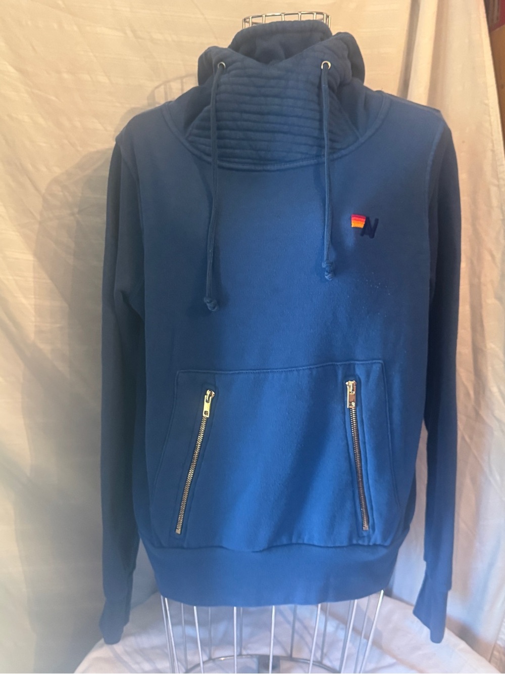 Aviator Nation Blue Ninja Hooded Pullover with Rainbow Patch, Small
